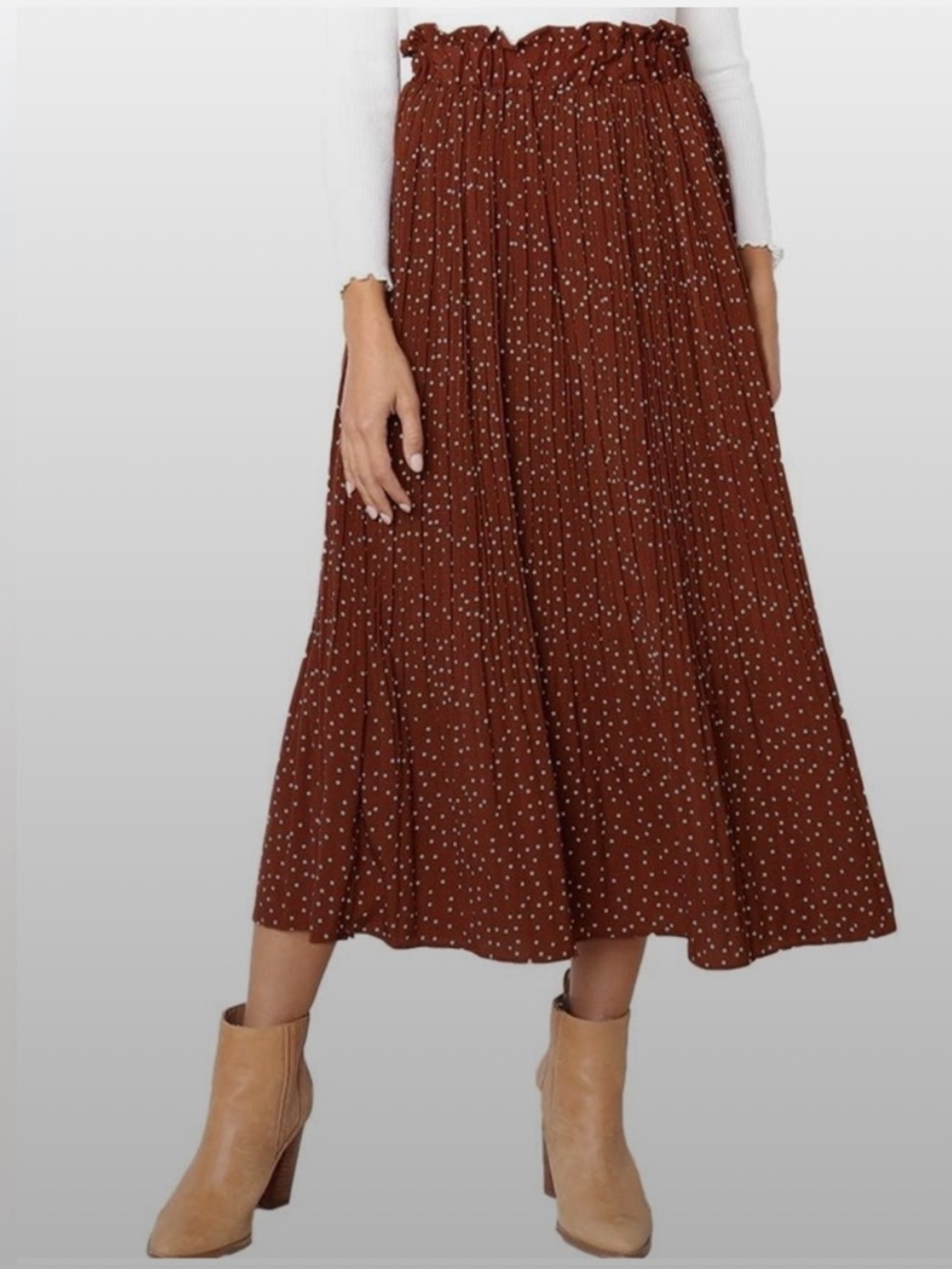 Rust Brown Polka Dot Pleated Midi Skirt